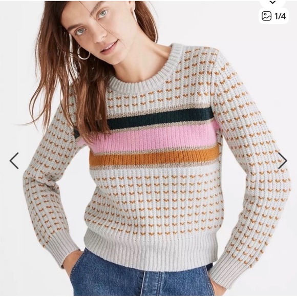Madewell Sweaters - Madewell Merino Wool Alpaca Blend Striped Heart Crewneck Sweater Metallic Medium
